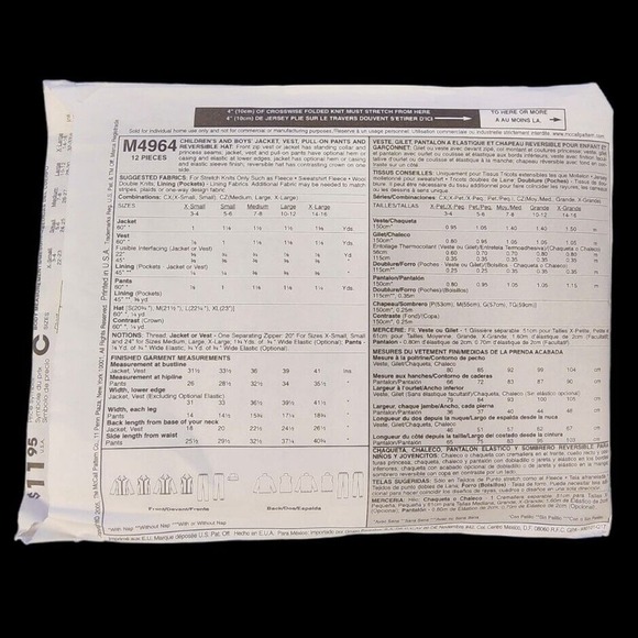 Boys Pattern McCall's Polar Gear M4964 Jacket Vest Pants Hat Size M-XL Cut Youth - Picture 2 of 2